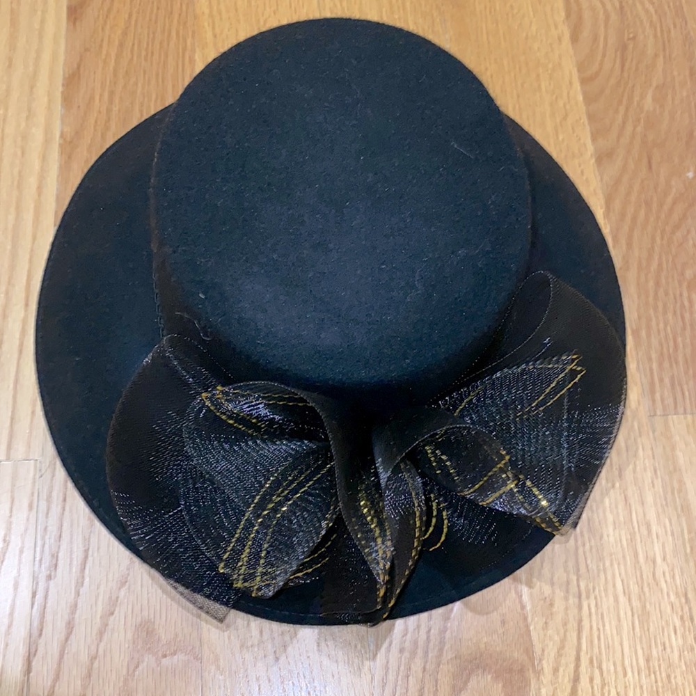 Wool Hat with black and gold bow and Decorative trim.